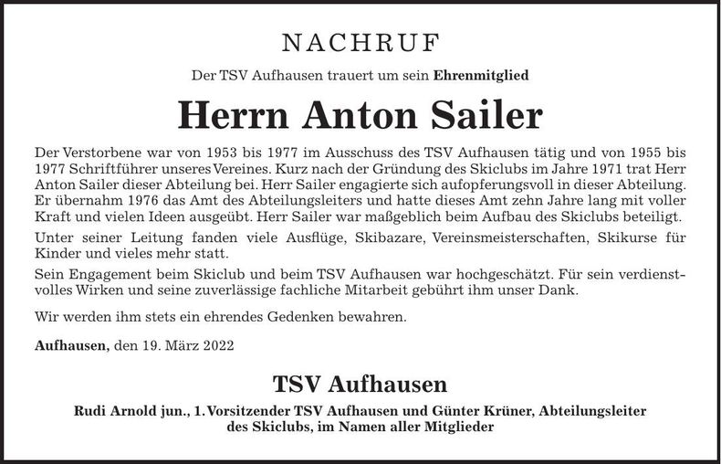 Traueranzeige Anton Sailer