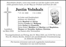 Traueranzeige Justin Volnhals
