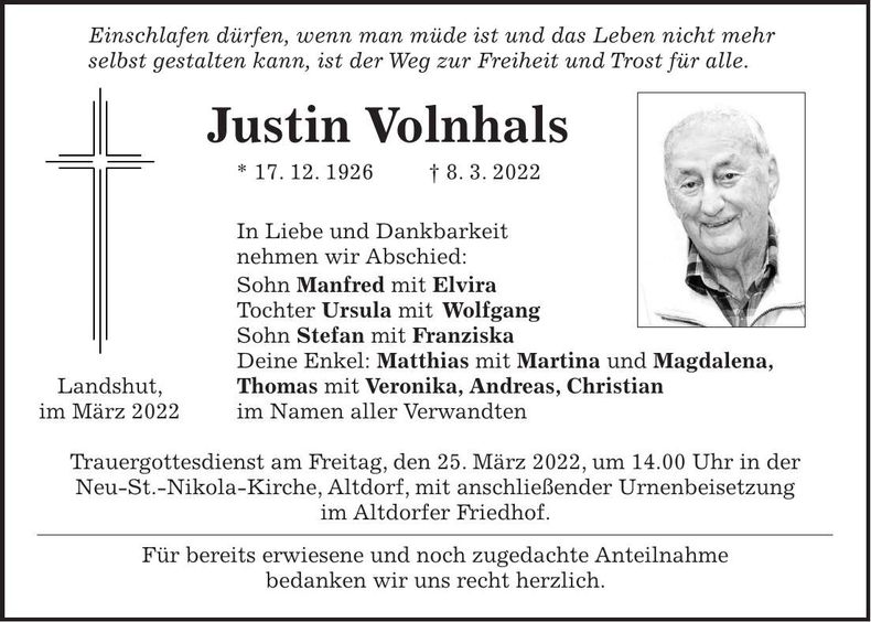 Traueranzeige Justin Volnhals