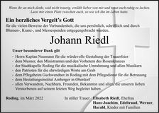 Traueranzeige Johann Riedl