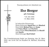 Traueranzeige Ilse Berger