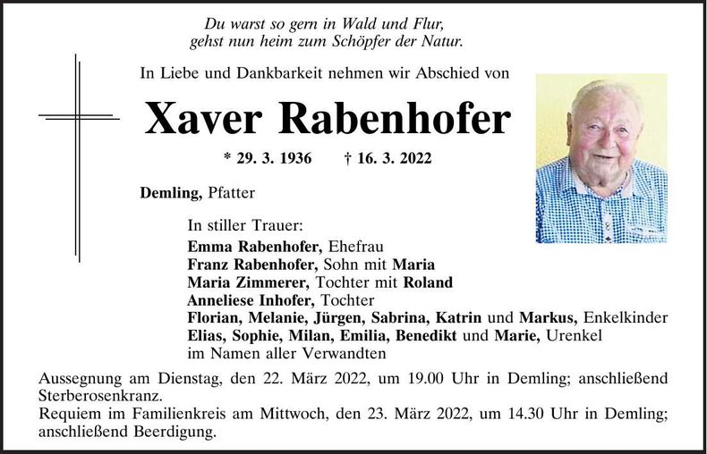 Traueranzeige Xaver Rabenhofer
