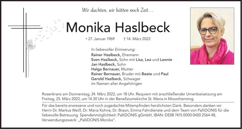 Traueranzeige Monika Haslbeck