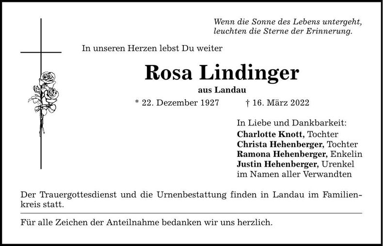 Traueranzeige Rosa Lindinger