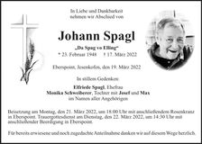 Traueranzeige Johann Spagl