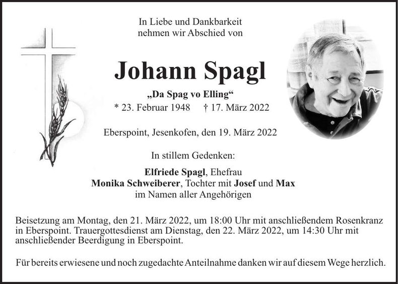 Traueranzeige Johann Spagl