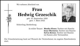 Traueranzeige Hedwig Grzeschik
