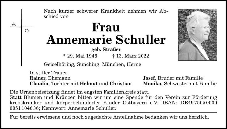 Traueranzeige Annemarie Schuller