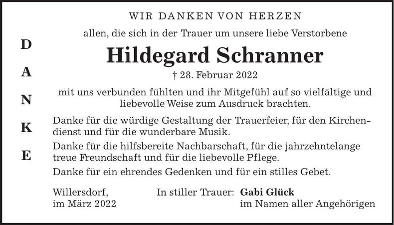 Traueranzeige Hildegard Schranner