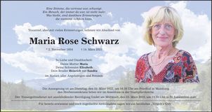 Traueranzeige Maria Rose Schwarz