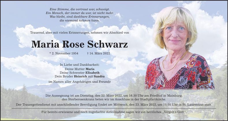 Traueranzeige Maria Rose Schwarz