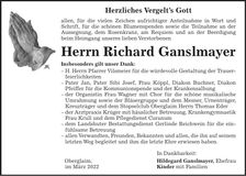 Traueranzeige Richard Ganslmayer
