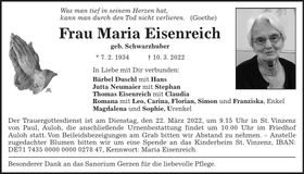 Traueranzeige Maria Eisenreich