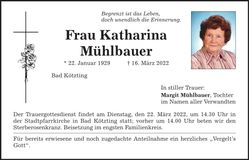 Traueranzeige Katharina Mühlbauer