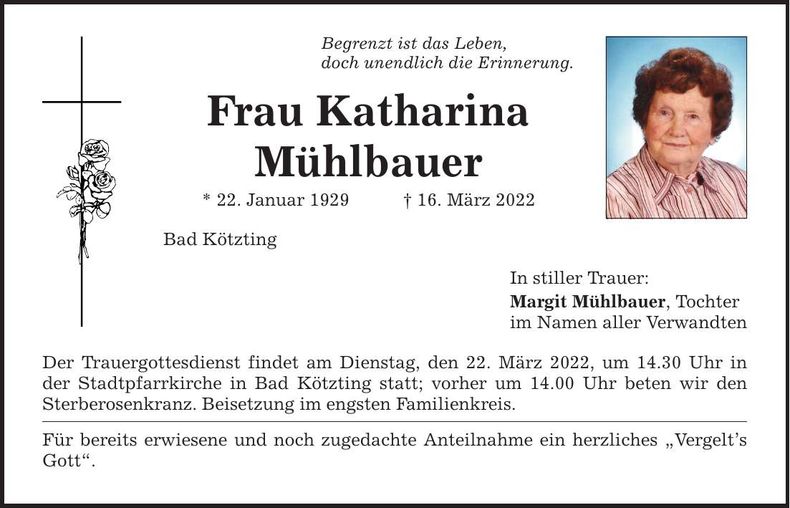 Traueranzeige Katharina Mühlbauer