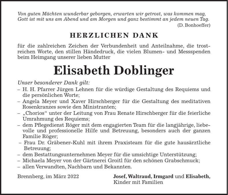 Traueranzeige Elisabeth Doblinger