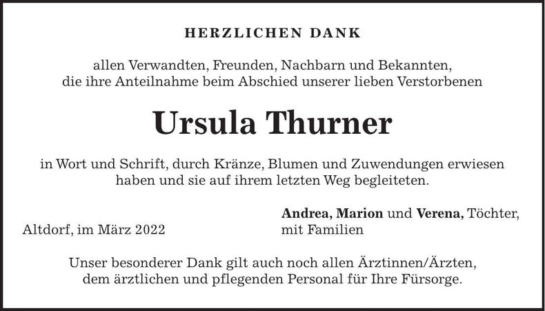 Traueranzeige Ursula Thurner