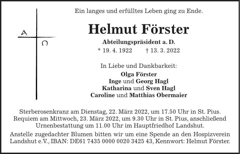 Traueranzeige Helmut Förster