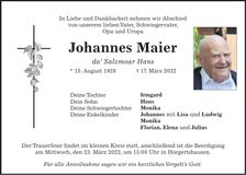 Traueranzeige Johannes Maier