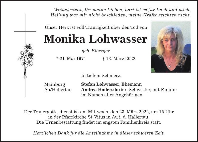 Traueranzeige Monika Lohwasser