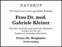Traueranzeige Gabriele Kleiner