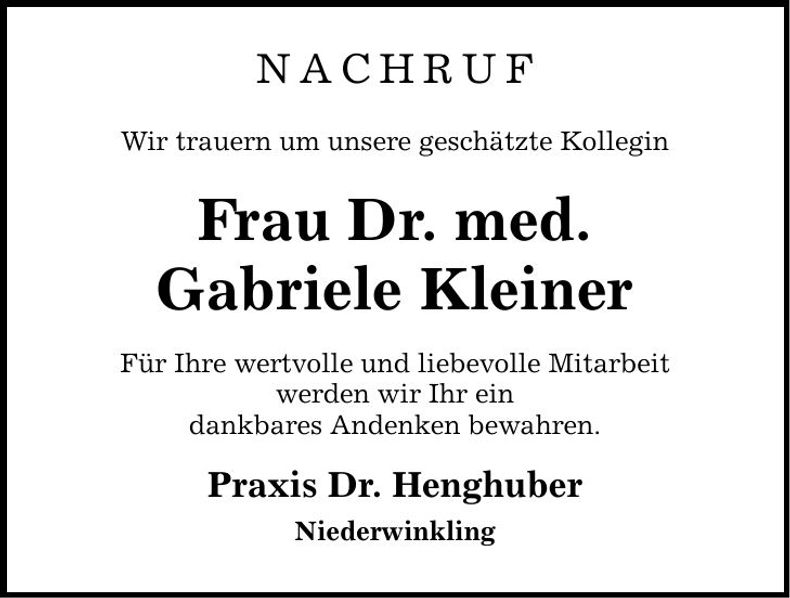 Traueranzeige Gabriele Kleiner