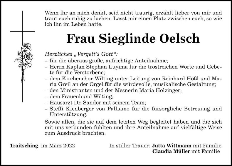 Traueranzeige Sieglinde Oelsch