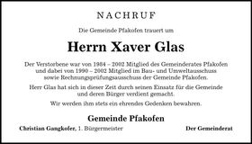 Traueranzeige Xaver Glas