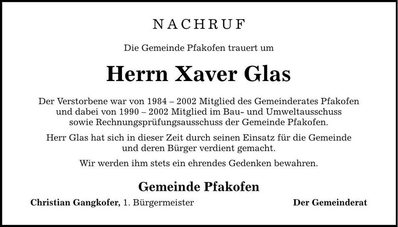 Traueranzeige Xaver Glas