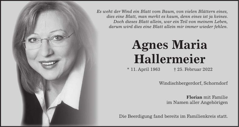 Traueranzeige Agnes Maria Hallermeier