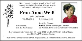 Traueranzeige Anna Weiß