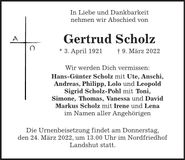 Traueranzeige Gertrud Scholz