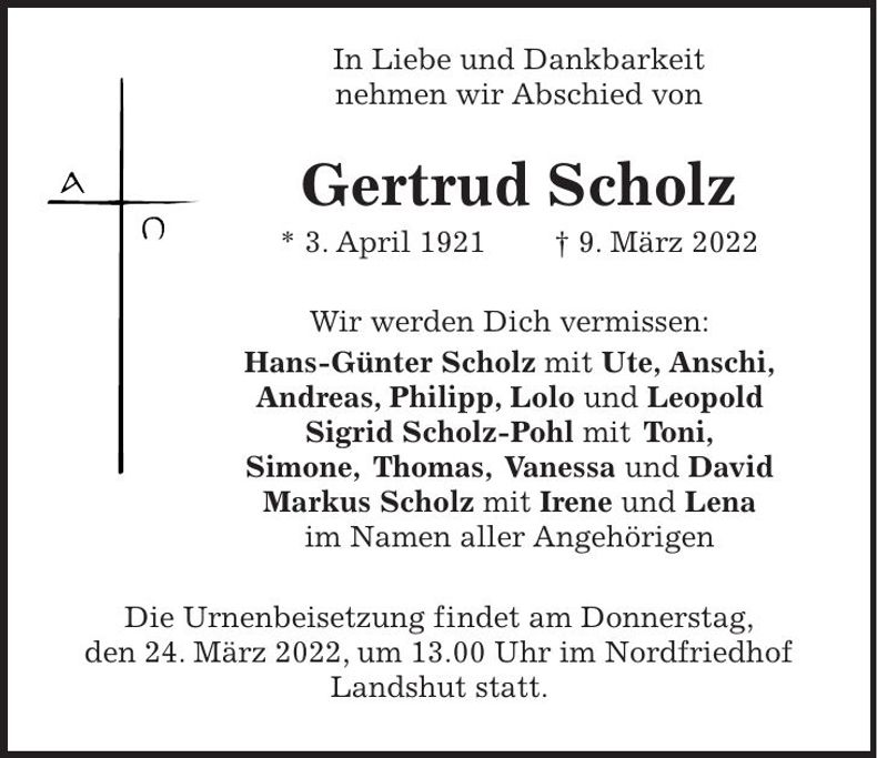 Traueranzeige Gertrud Scholz