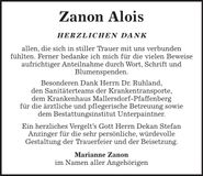 Traueranzeige Alois Zanon