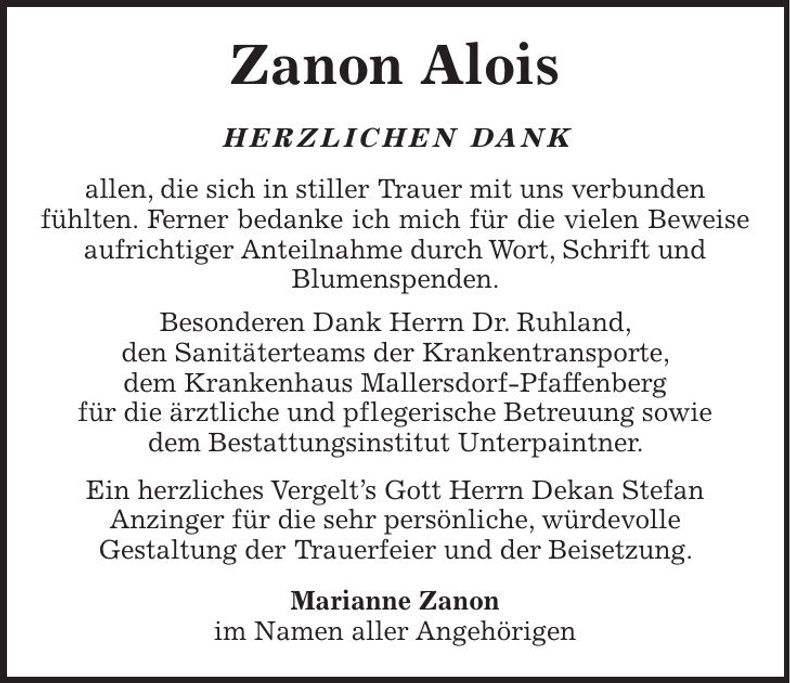 Traueranzeige Alois Zanon