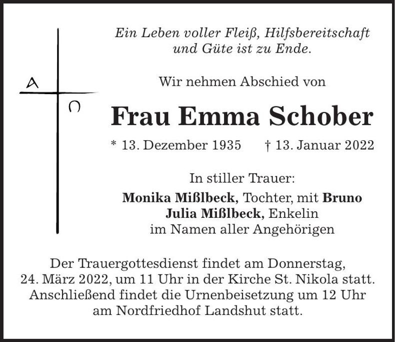 Traueranzeige Emma Schober