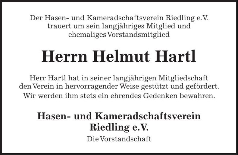 Traueranzeige Helmut Hartl