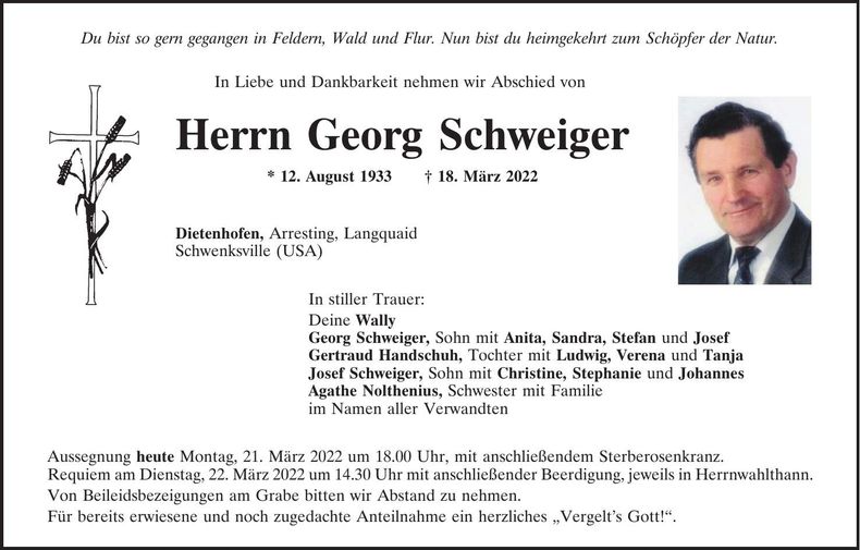 Traueranzeige Josef Schweiger