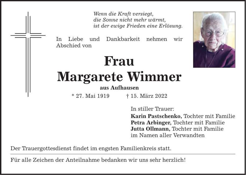Traueranzeige Margarete Wimmer