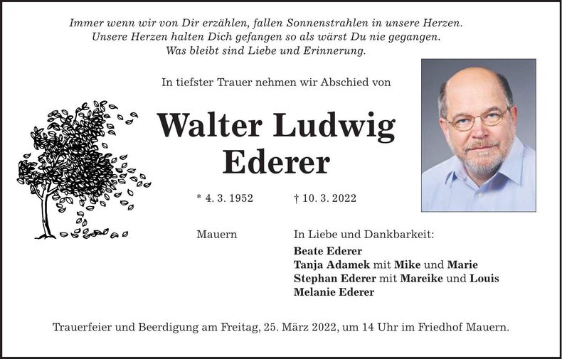 Traueranzeige Walter Ludwig Ederer
