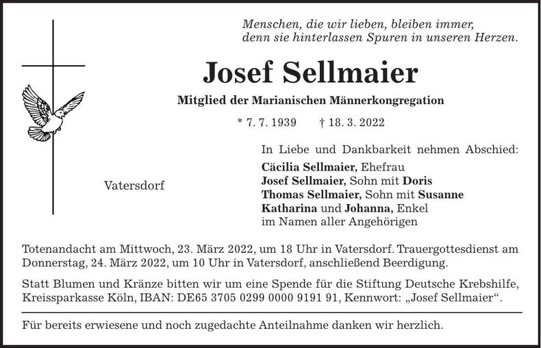Traueranzeige Josef Sellmaier