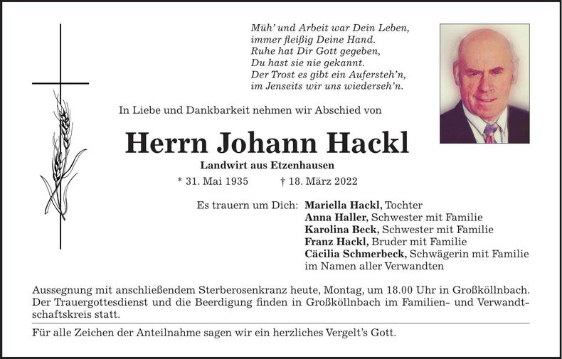 Traueranzeige Johann Hackl