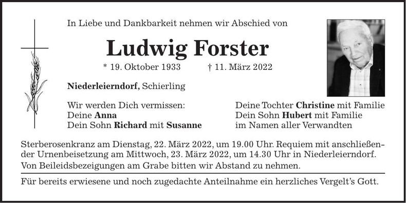 Traueranzeige Ludwig Forster