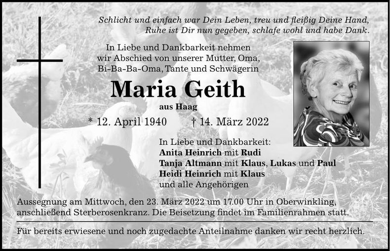 Traueranzeige Maria Geith