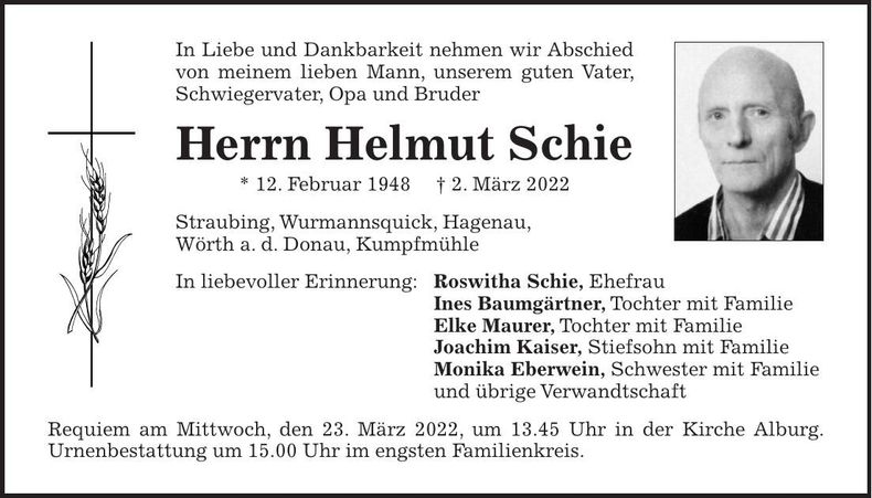 Traueranzeige Helmut Schie