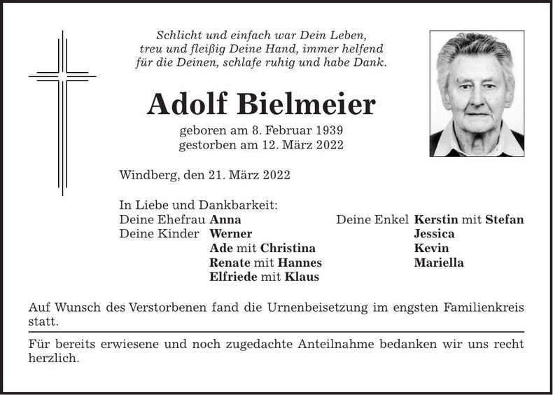 Traueranzeige Adolf Bielmeier