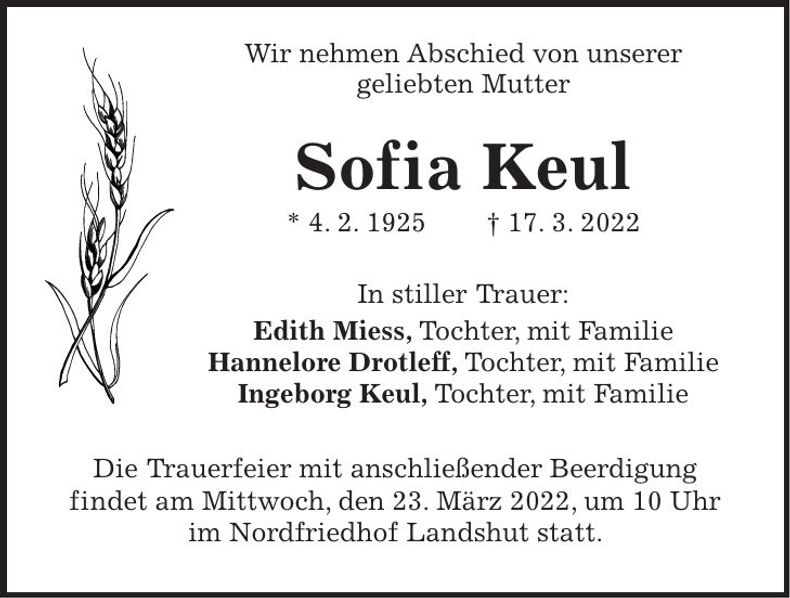 Traueranzeige Sofia Keul