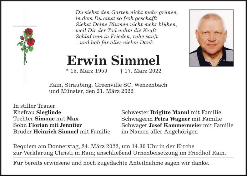 Traueranzeige Erwin Simmel