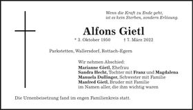 Traueranzeige Alfons Gietl