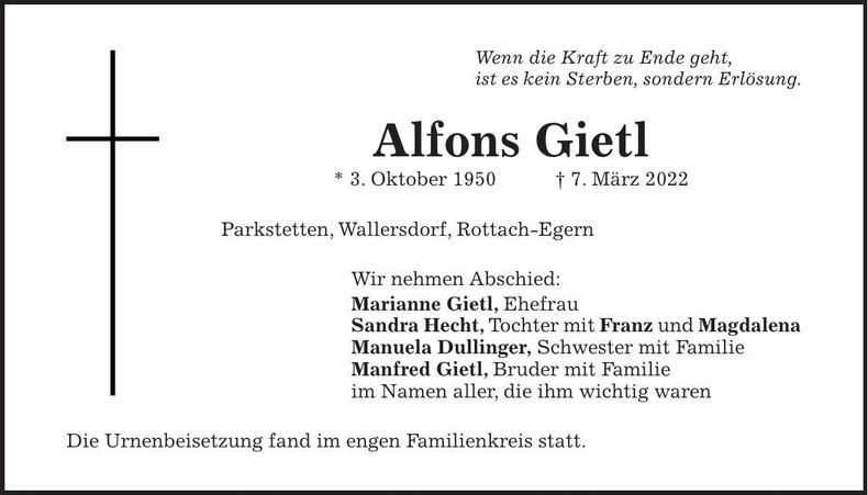 Traueranzeige Alfons Gietl